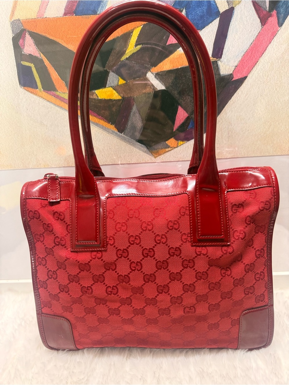 GUCCI-000 0855 002113 Red Monogram Canvas Handbag